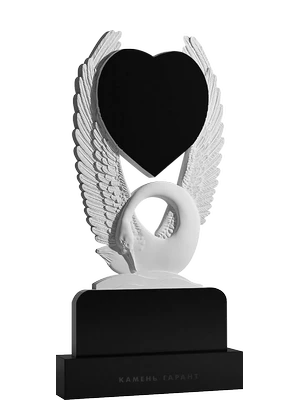 Памятник в форме сердца с объемной композицией лебедя и крыльев